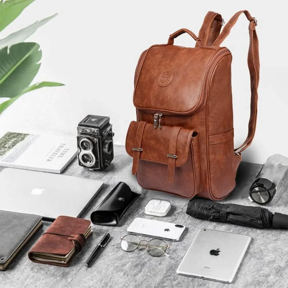 ✨Brown Faux Leather Backpack Slim Laptop Travel Pack Waterproof Daypack Bag